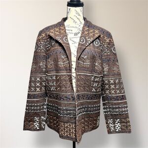 Coldwater Creek W18 Brown Embroidered Beaded Jacket Boho Artsy Open Front Blazer